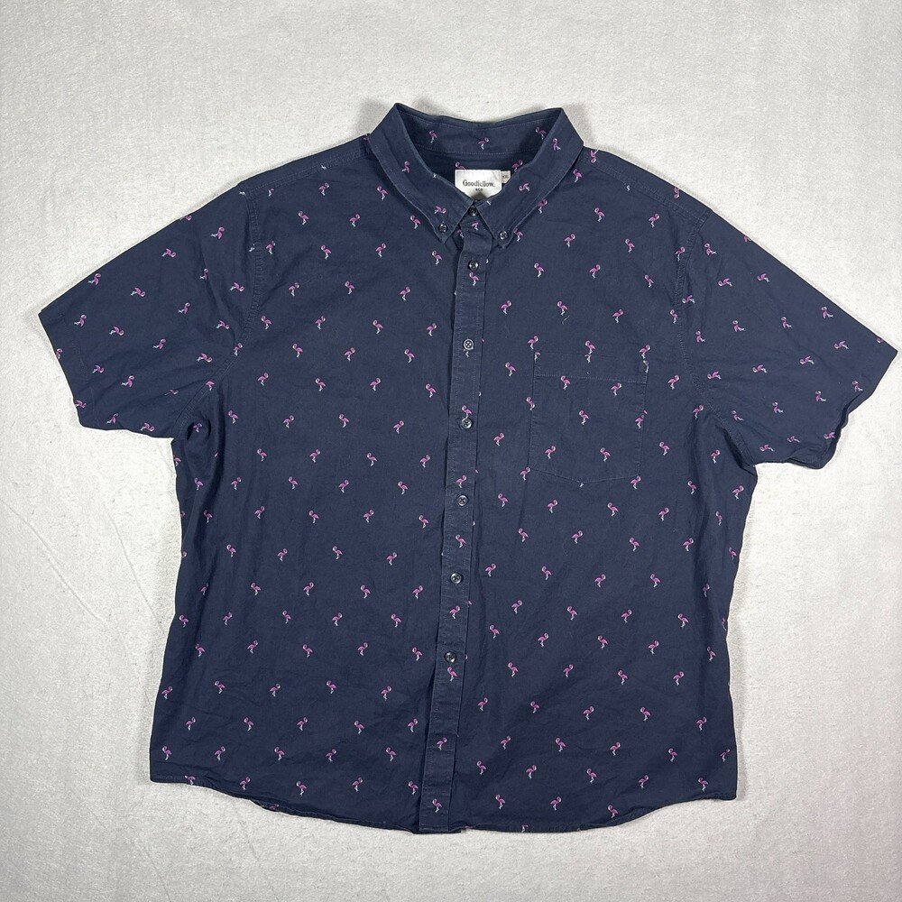 Goodfellow & Co Shirt Mens XXL Navy Blue Flamingo Print Short Sleeve Slim Fit